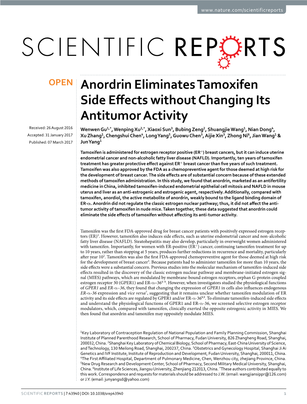 Anordrin Eliminates Tamoxifen Side Effects Without Changing Its