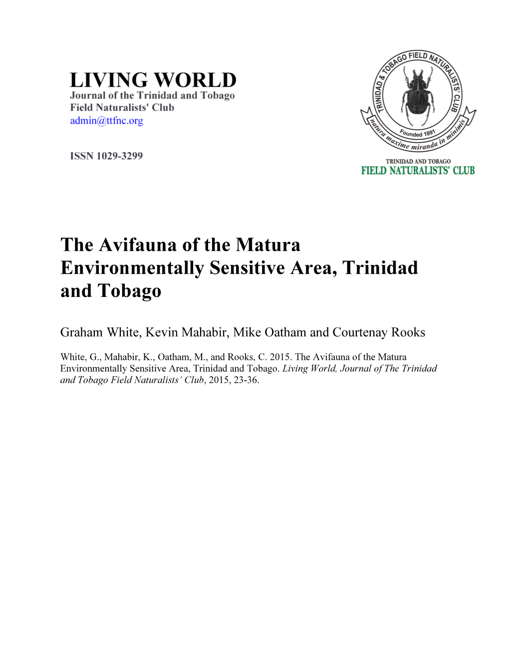 The Avifauna of the Matura Environmentally Sensitive Area, Trinidad and Tobago