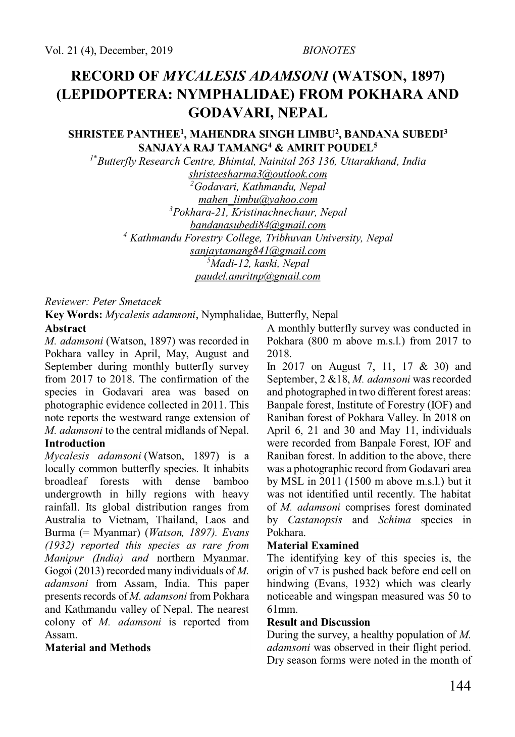 144 Record of Mycalesis Adamsoni