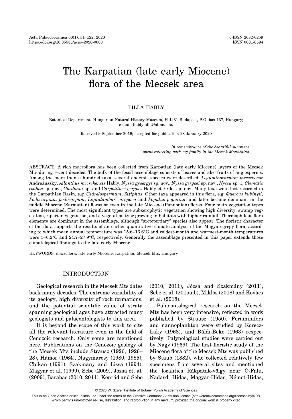 The Karpatian (Late Early Miocene) Flora of the Mecsek Area