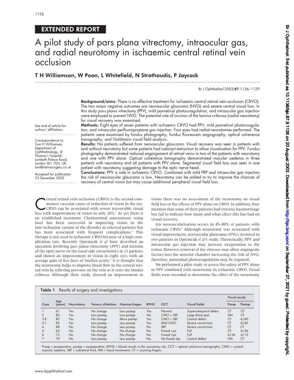 A Pilot Study of Pars Plana Vitrectomy, Intraocular Gas, and Radial Neurotomy in Ischaemic Central Retinal Vein Occlusion