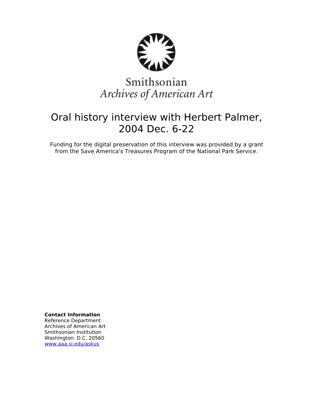 Oral History Interview with Herbert Palmer, 2004 Dec. 6-22