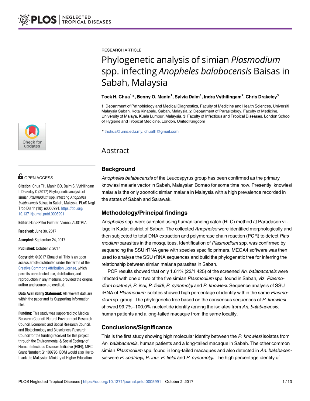 Phylogenetic Analysis of Simian Plasmodium Spp. Infecting Anopheles Balabacensis Baisas in Sabah, Malaysia