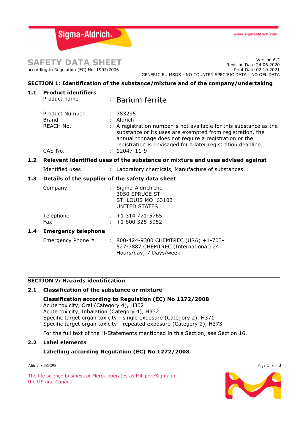 SAFETY DATA SHEET Revision Date 24.06.2020 According to Regulation (EC) No