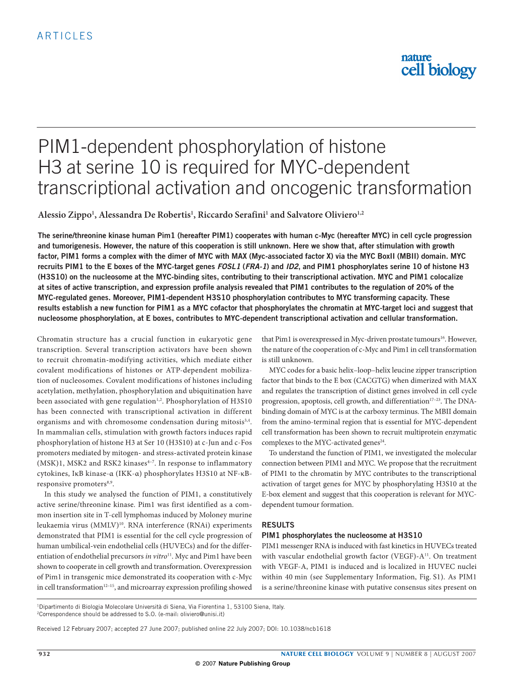 PIM1-Dependent Phosphorylation of Histone H3 at Serine 10 Is Required for MYC-Dependent Transcriptional Activation and Oncogenic Transformation