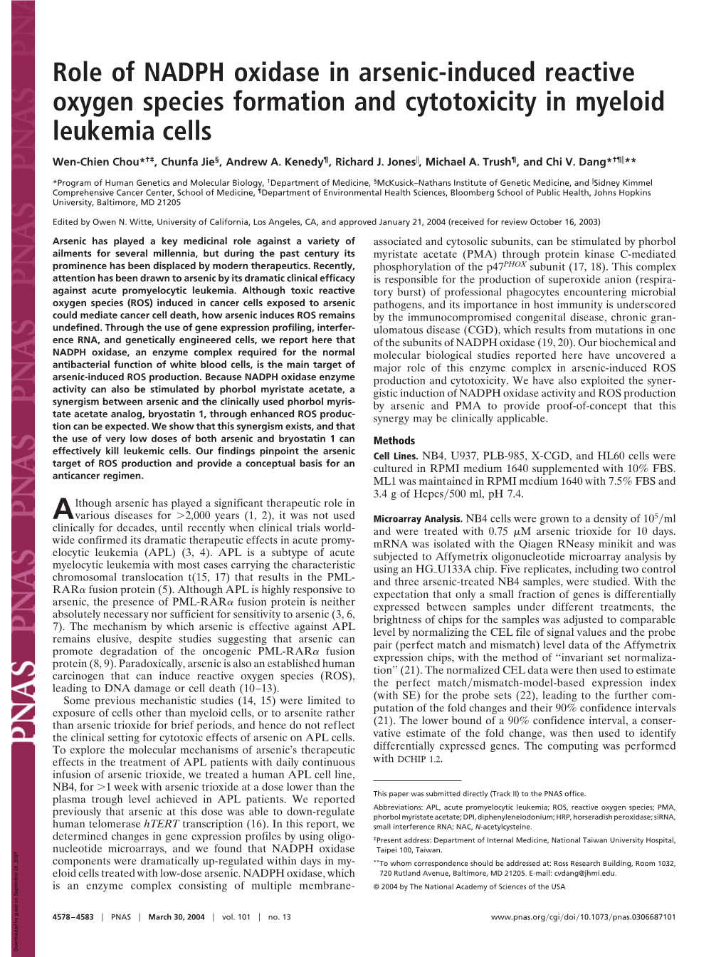 Role of NADPH Oxidase in Arsenic-Induced Reactive Oxygen Species Formation and Cytotoxicity in Myeloid Leukemia Cells