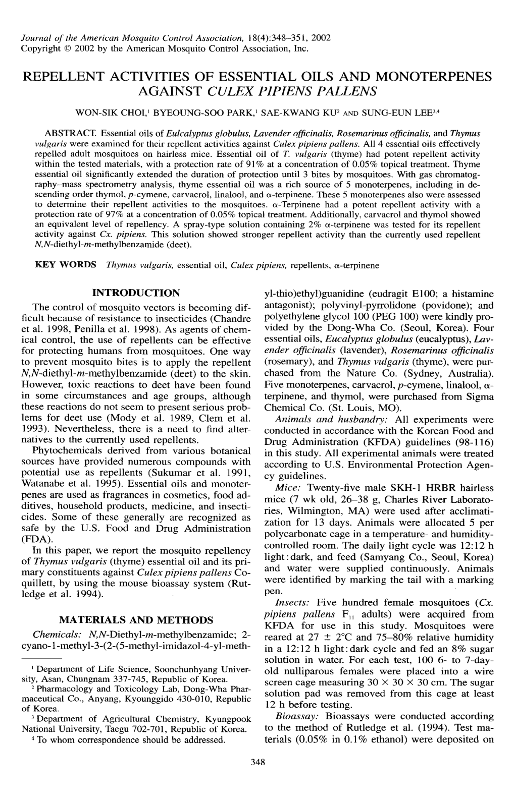 Repellent Activities of Essential Oils and Monoterpenes Against Culex Pipiens Pallens