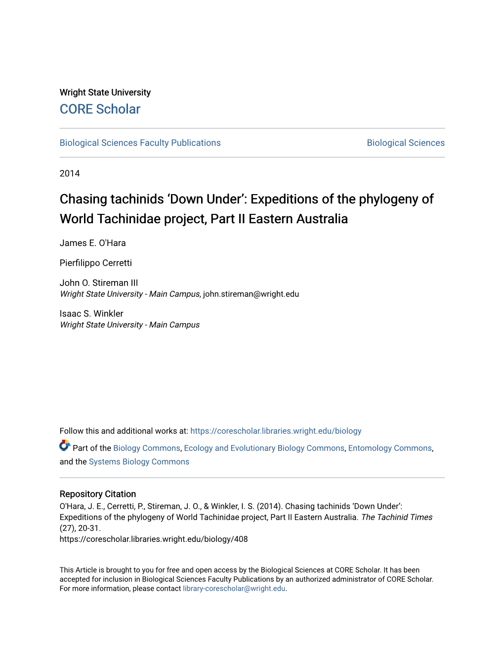 Expeditions of the Phylogeny of World Tachinidae Project, Part II Eastern Australia