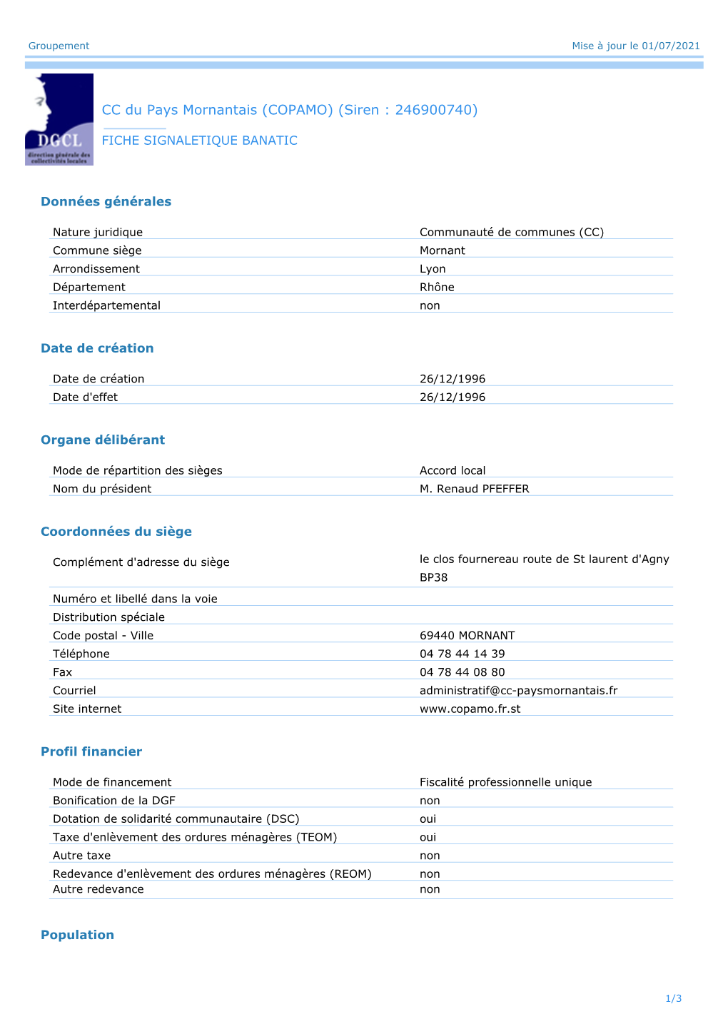 CC Du Pays Mornantais (COPAMO) (Siren : 246900740)