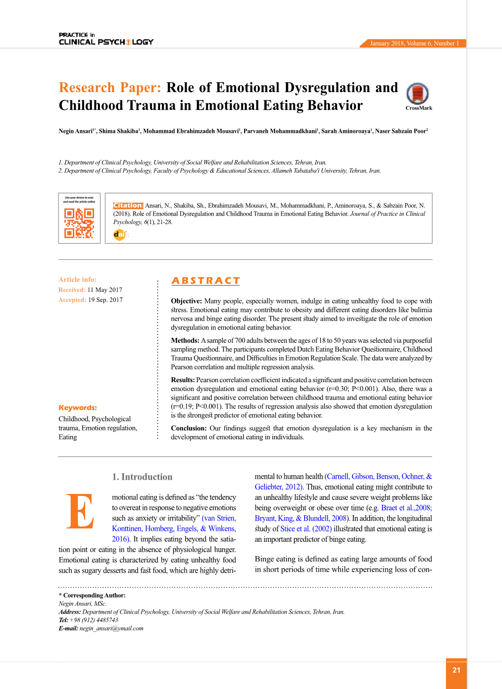 Role of Emotional Dysregulation and Childhood Trauma in Emotional Eating Behavior Crossmark