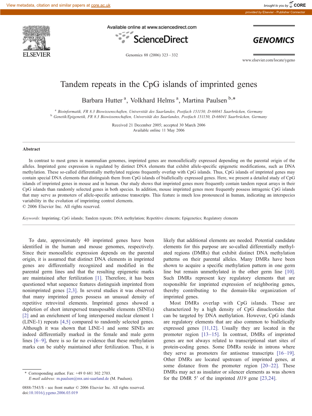 Tandem Repeats in the Cpg Islands of Imprinted Genes ⁎ Barbara Hutter A, Volkhard Helms A, Martina Paulsen B