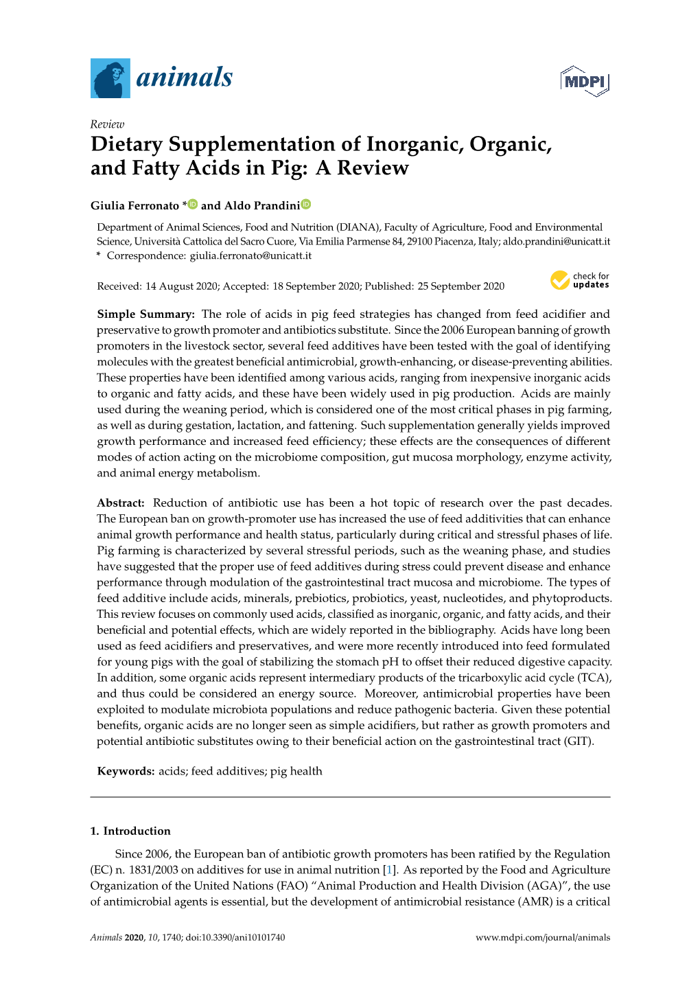 Dietary Supplementation of Inorganic, Organic, and Fatty Acids in Pig: a Review