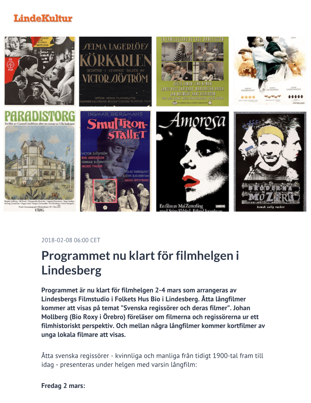 ​Programmet Nu Klart För Filmhelgen I Lindesberg