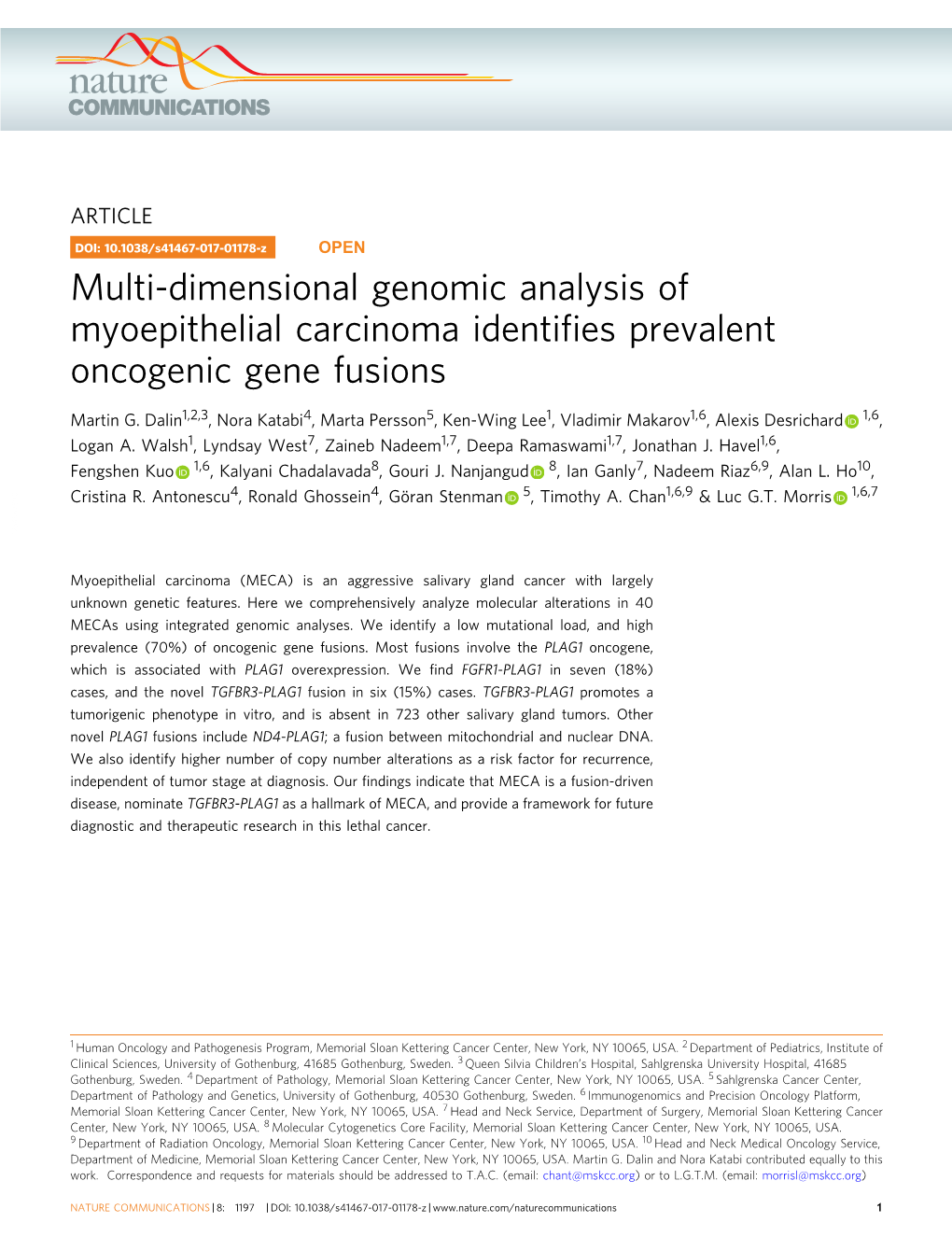 Multi-Dimensional Genomic Analysis of Myoepithelial Carcinoma Identifies Prevalent Oncogenic Gene Fusions