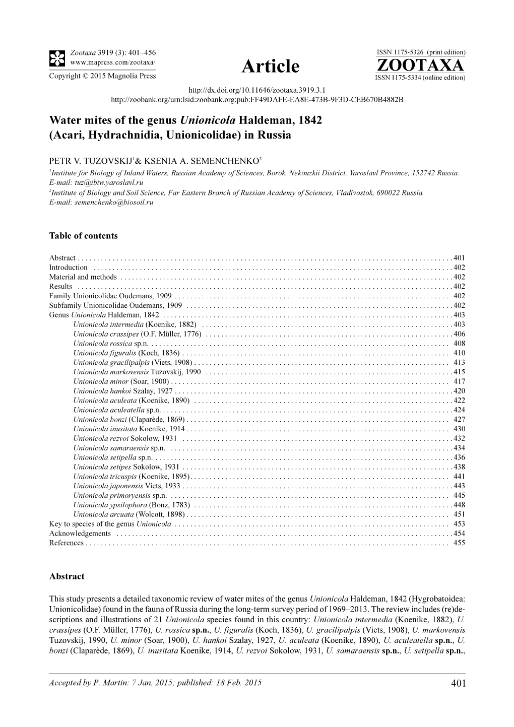 Water Mites of the Genus Unionicola Haldeman, 1842 (Acari, Hydrachnidia, Unionicolidae) in Russia