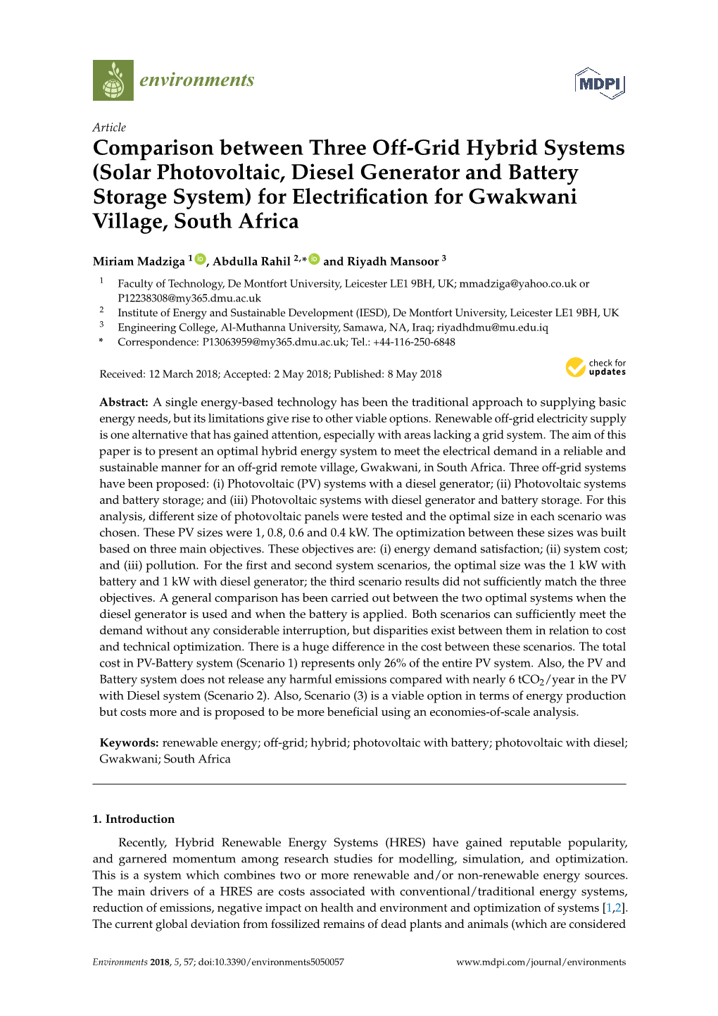 Solar Photovoltaic, Diesel Generator and Battery Storage System) for Electriﬁcation for Gwakwani Village, South Africa