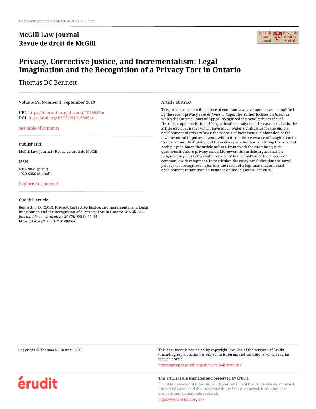 Legal Imagination and the Recognition of a Privacy Tort in Ontario Thomas DC Bennett