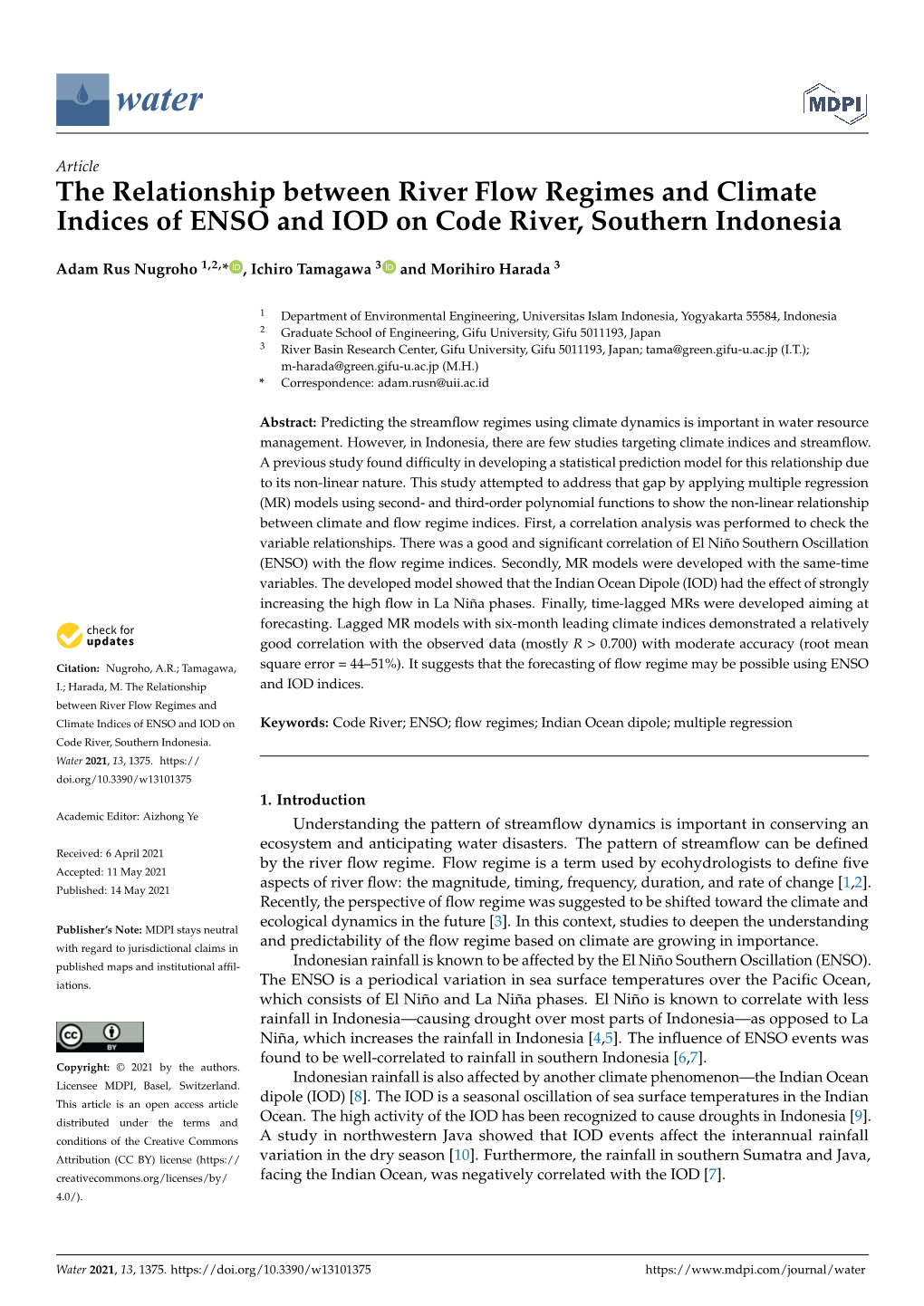 The Relationship Between River Flow Regimes and Climate Indices of ENSO and IOD on Code River, Southern Indonesia