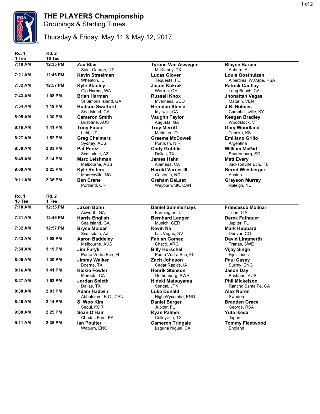 THE PLAYERS Championship Groupings & Starting Times Thursday & Friday, May 11 & May 12, 2017