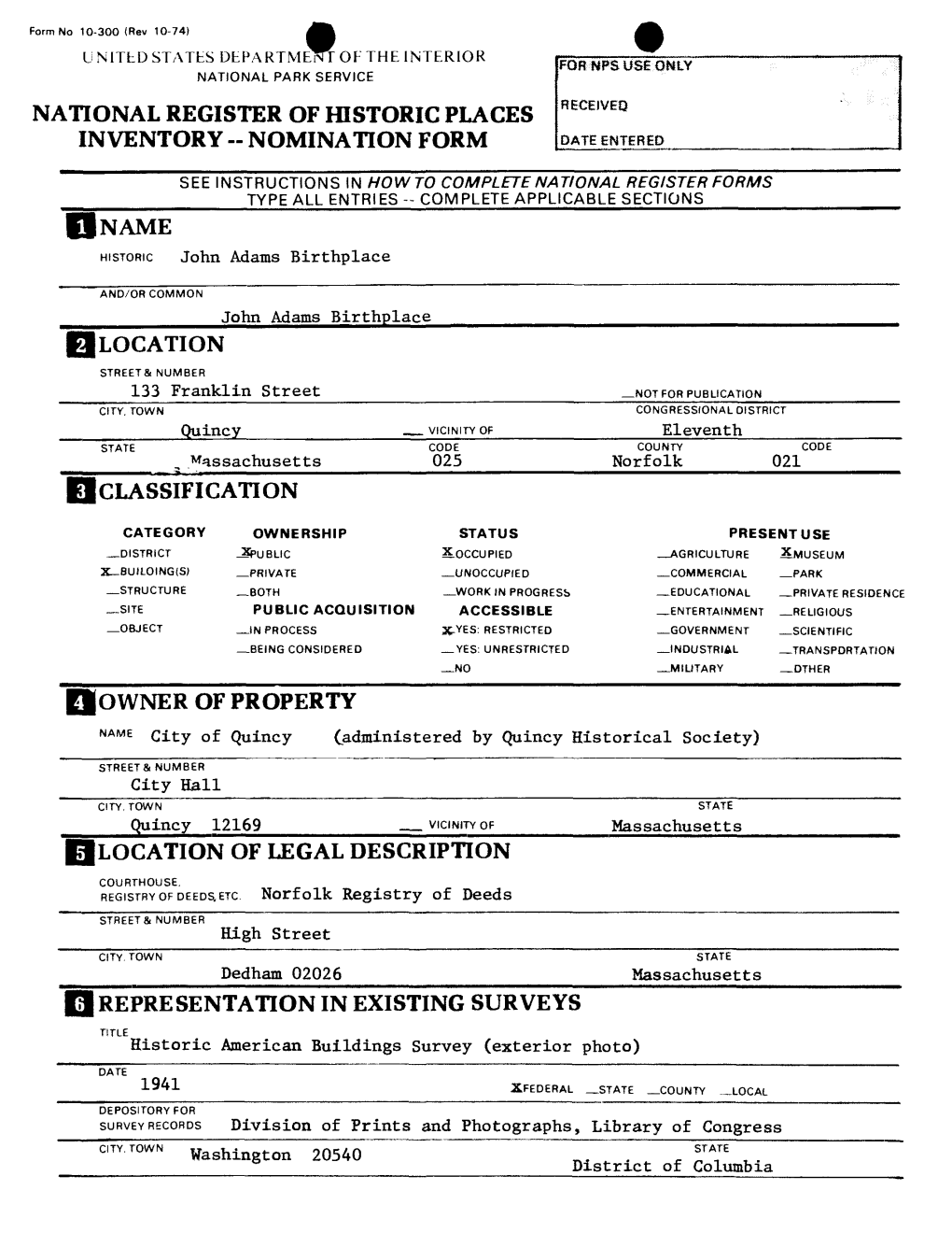 National Register of Historic Places Inventory -- Nomination Form | Name (Owner of Property Location of Legal Description 1 Repr