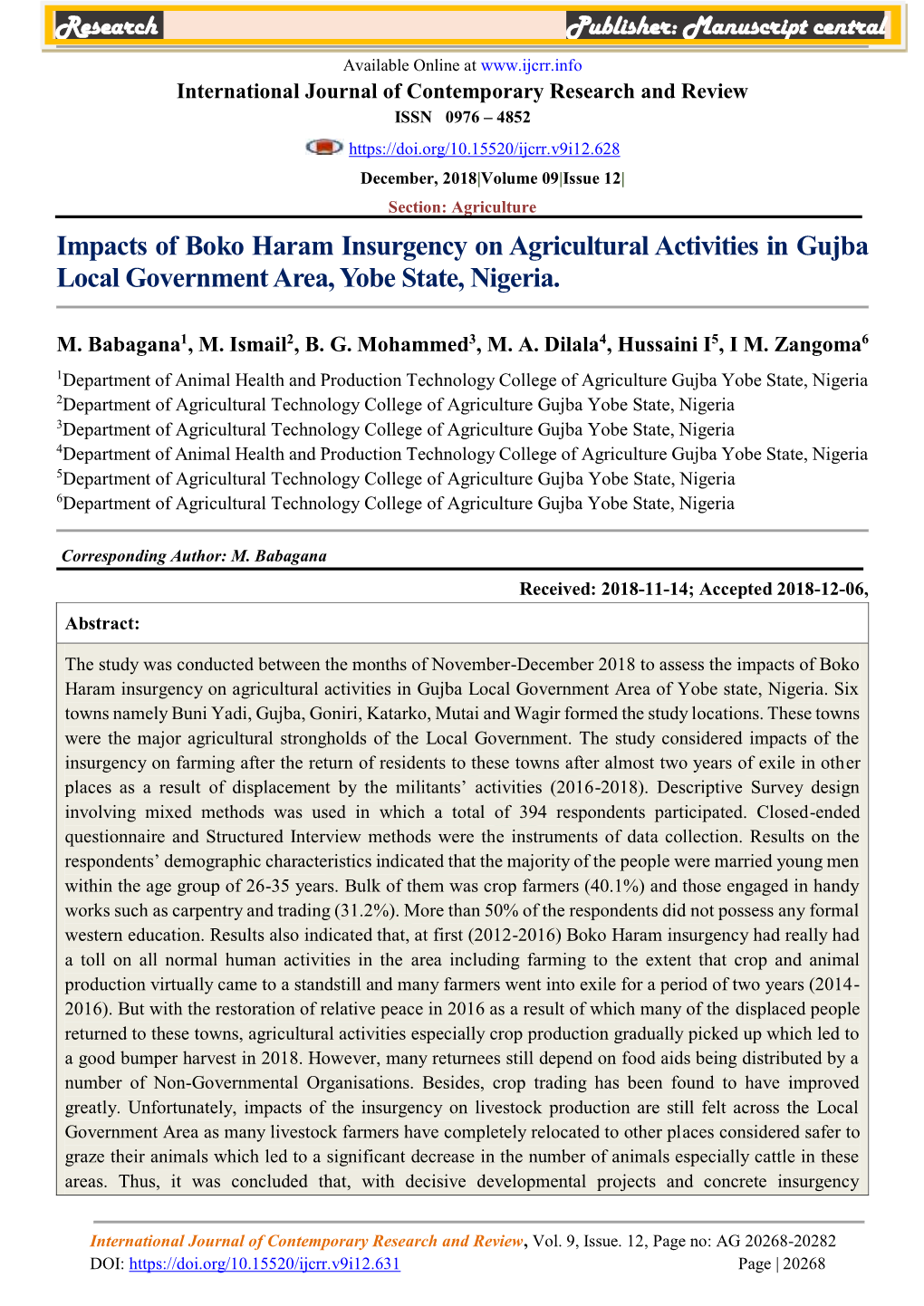 Impacts of Boko Haram Insurgency on Agricultural Activities in Gujba Local Government Area, Yobe State, Nigeria