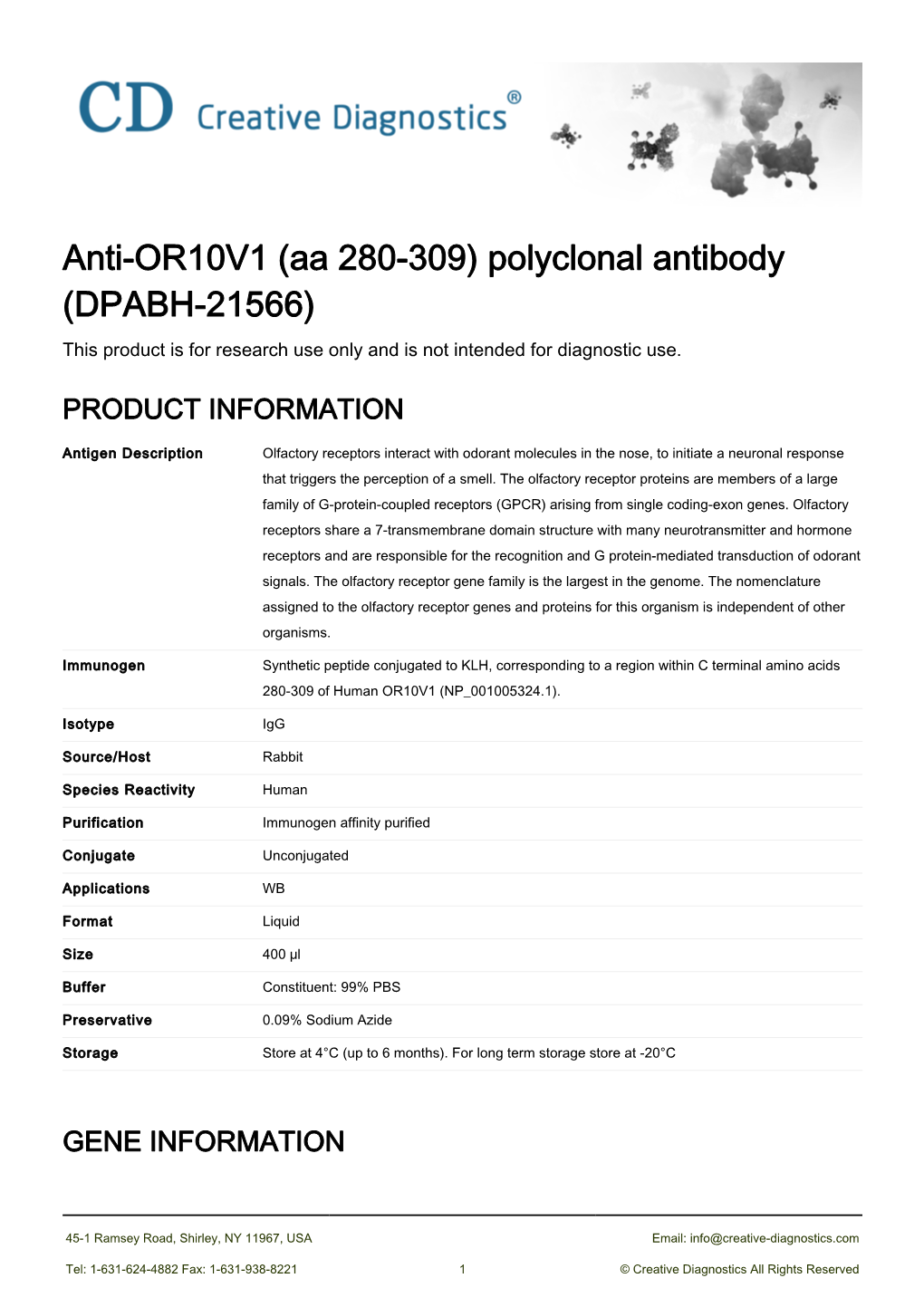 Anti-OR10V1 (Aa 280-309) Polyclonal Antibody (DPABH-21566) This Product Is for Research Use Only and Is Not Intended for Diagnostic Use