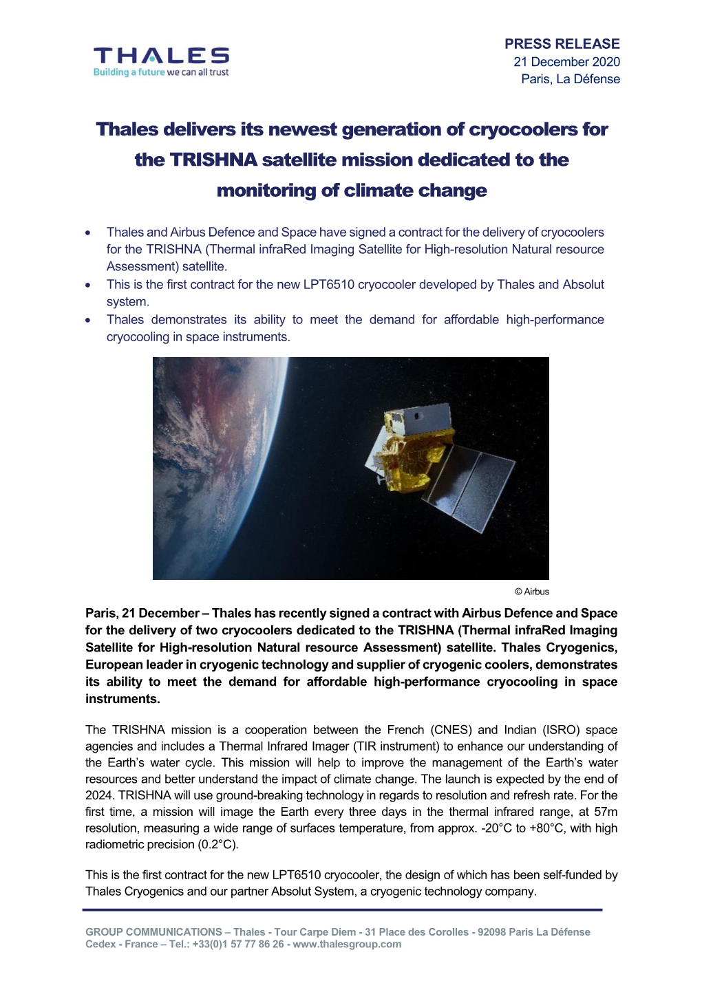 Thales Delivers Its Newest Generation of Cryocoolers for the TRISHNA Satellite Mission Dedicated to the Monitoring of Climate Change