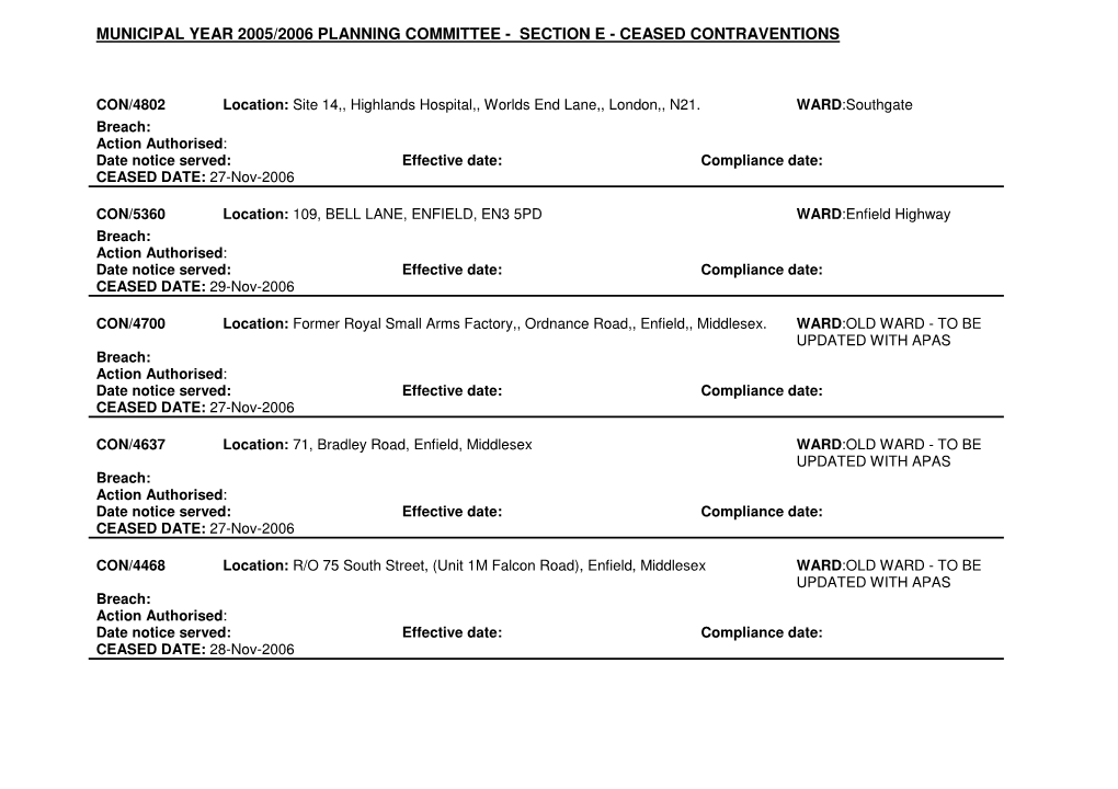 Municipal Year 2005/2006 Planning Committee - Section E - Ceased Contraventions