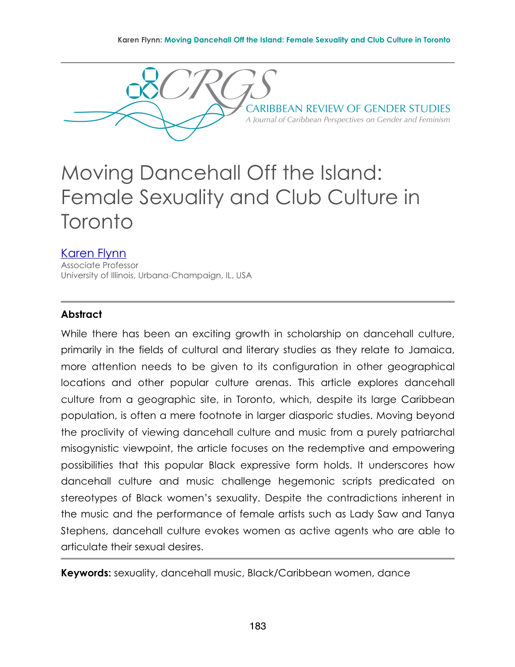 Moving Dancehall Off the Island: Female Sexuality and Club Culture in Toronto