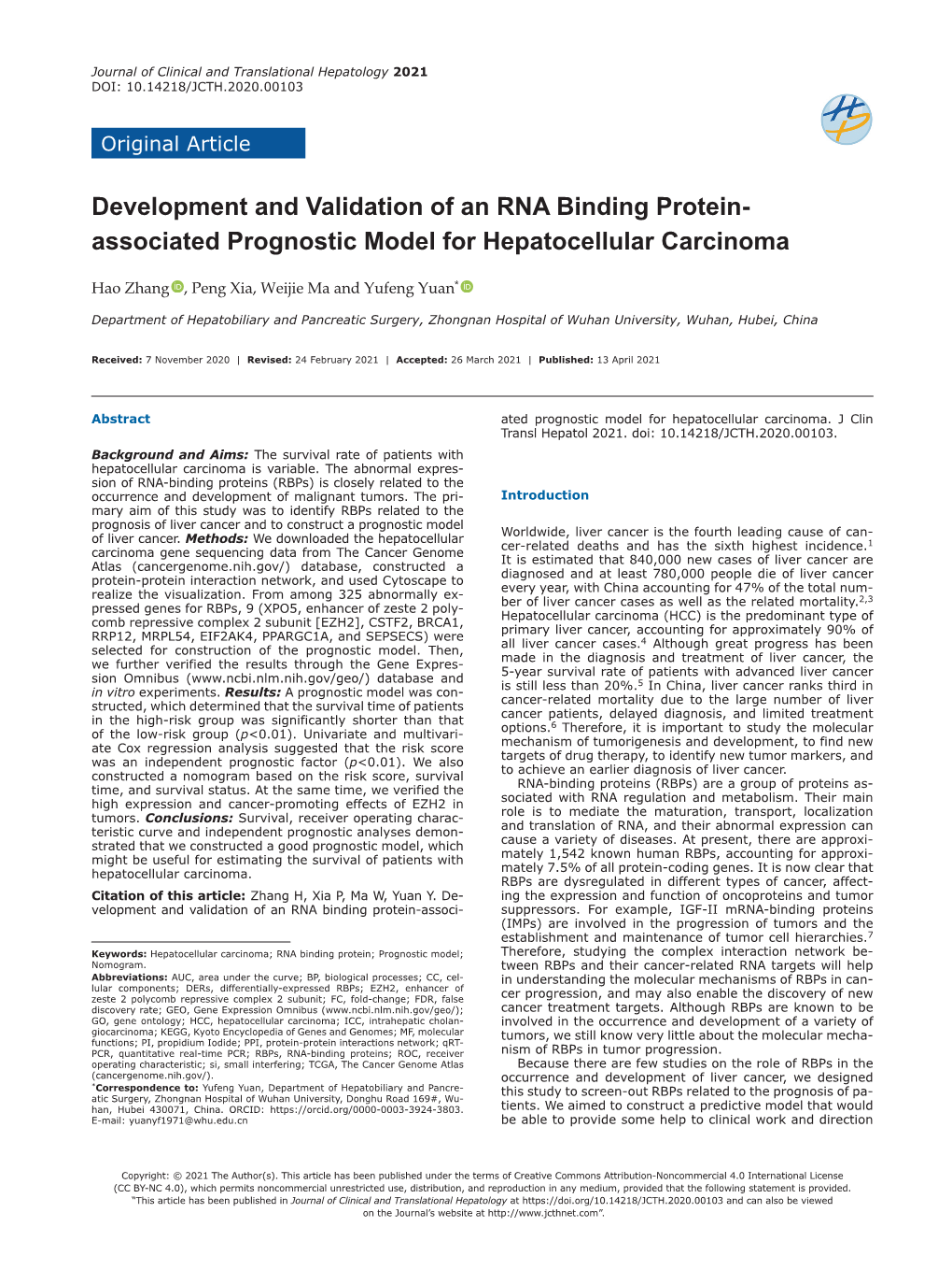 Development and Validation of an RNA Binding Protein- Associated Prognostic Model for Hepatocellular Carcinoma