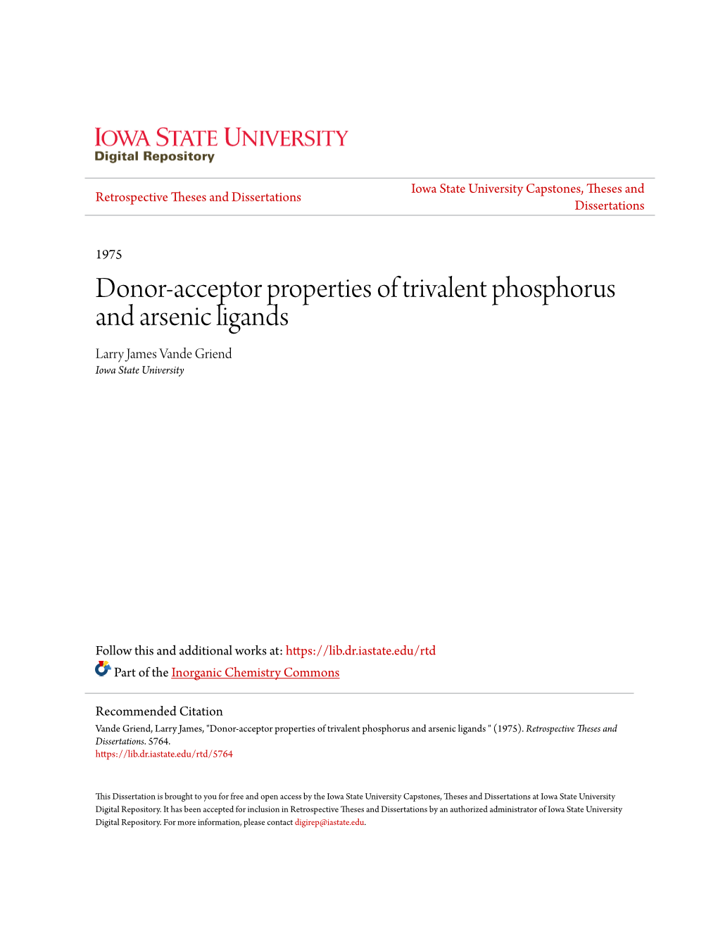 Donor-Acceptor Properties of Trivalent Phosphorus and Arsenic Ligands Larry James Vande Griend Iowa State University