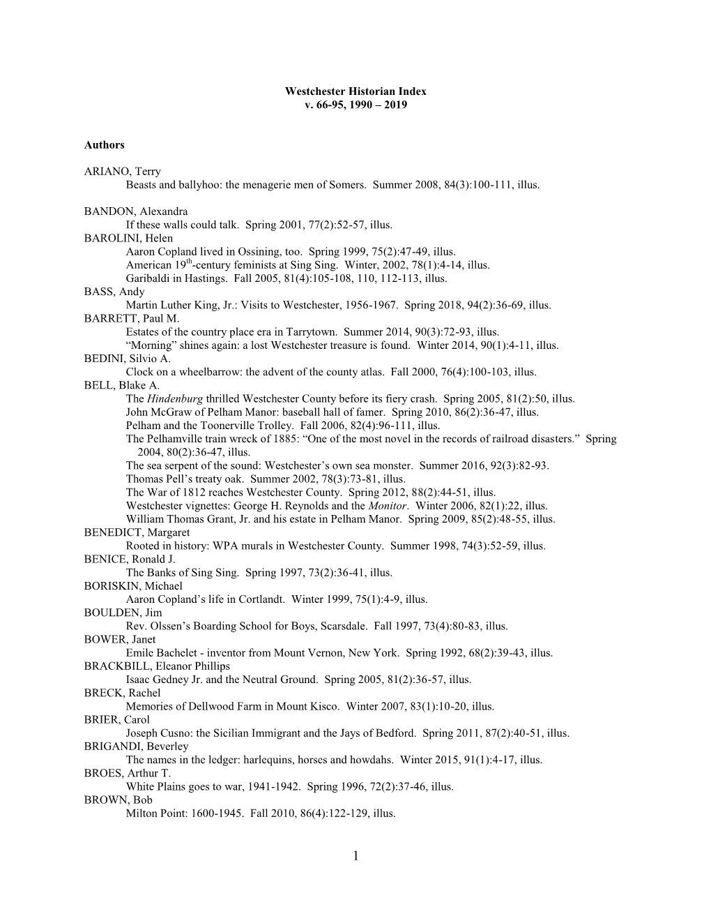 The Westchester Historian Index, 1990 – 2019