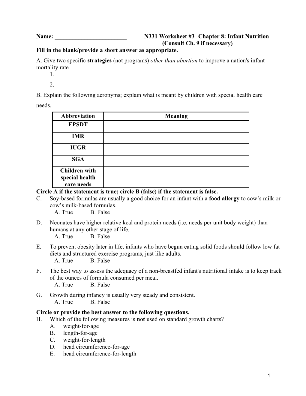 Name: ______N331 Worksheet #3 Chapter 8: Infant Nutrition