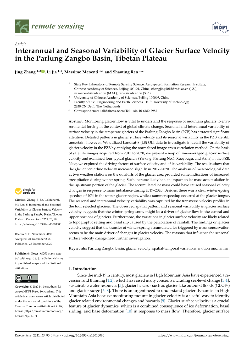 Interannual and Seasonal Variability of Glacier Surface Velocity in the Parlung Zangbo Basin, Tibetan Plateau