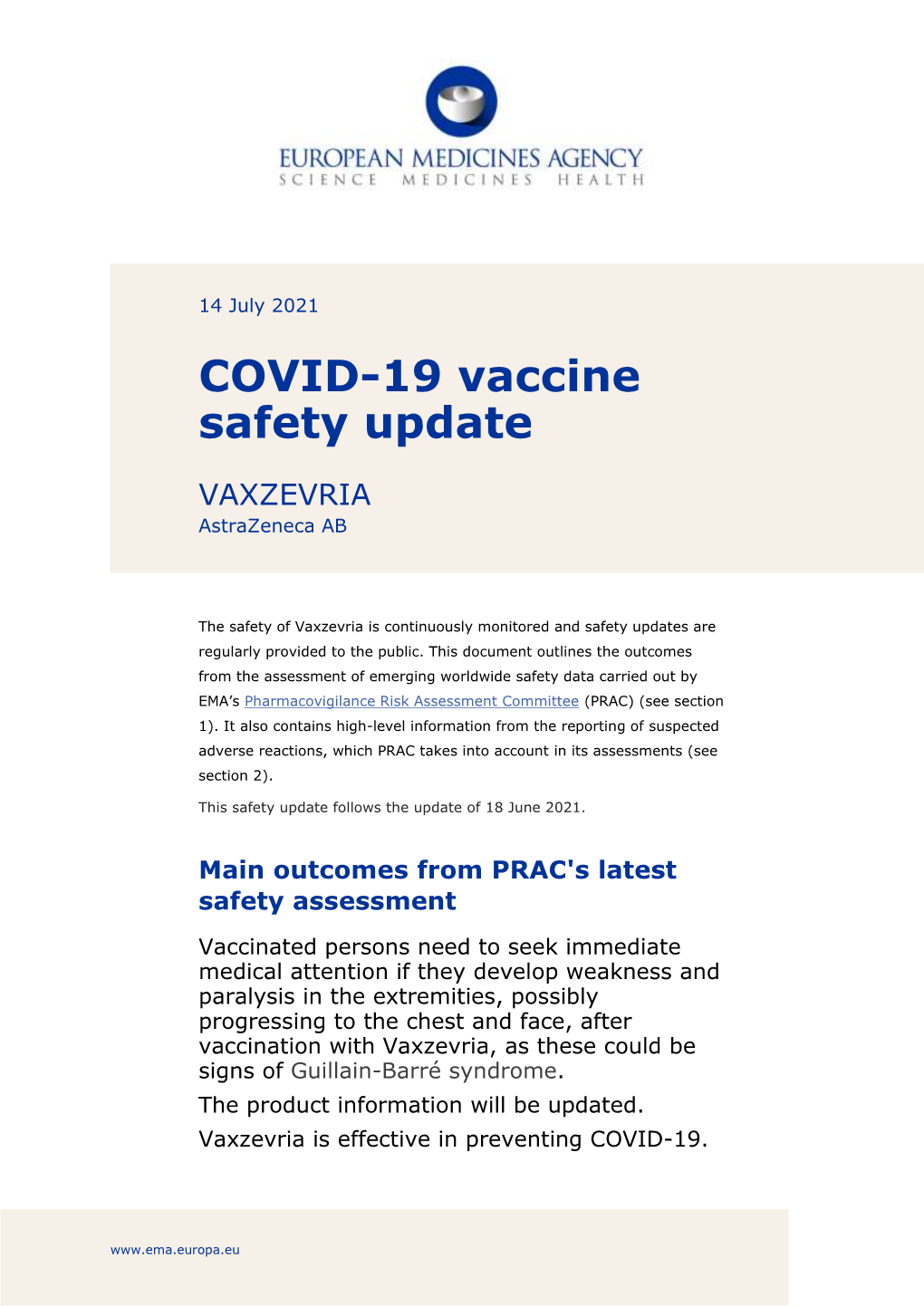 COVID-19 Vaccine Safety Update for Vaxzevria