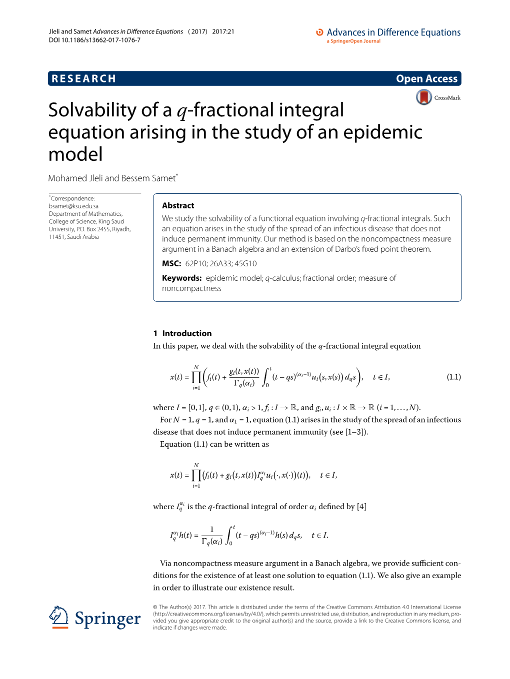 Solvability of a Q-Fractional Integral Equation Arising in the Study of an Epidemic Model Mohamed Jleli and Bessem Samet*