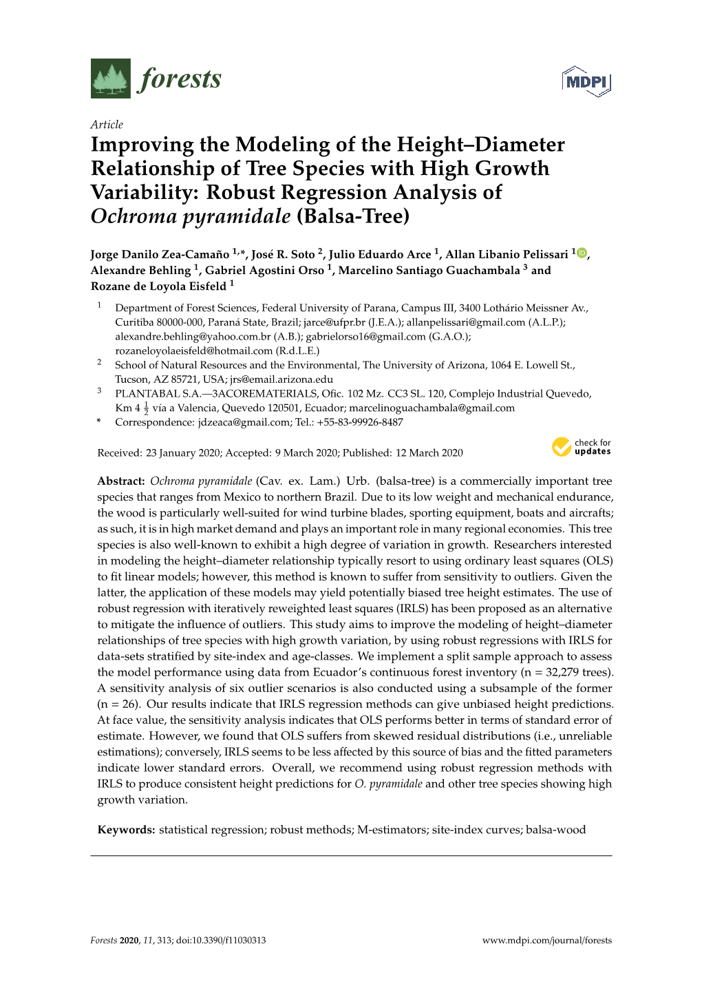 Robust Regression Analysis of Ochroma Pyramidale (Balsa-Tree)