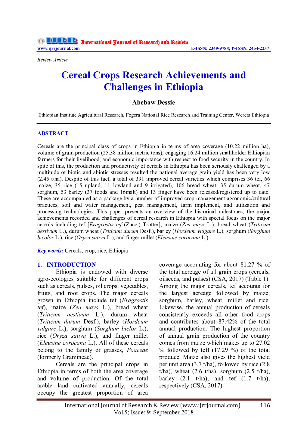 Cereal Crops Research Achievements and Challenges in Ethiopia