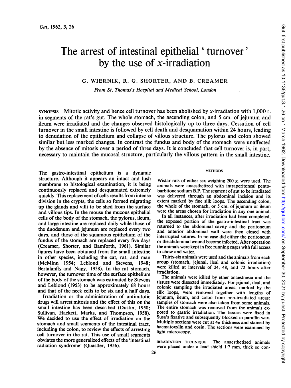 The Arrest of Intestinal Epithelial ' Turnover' by the Use of X-Irradiation