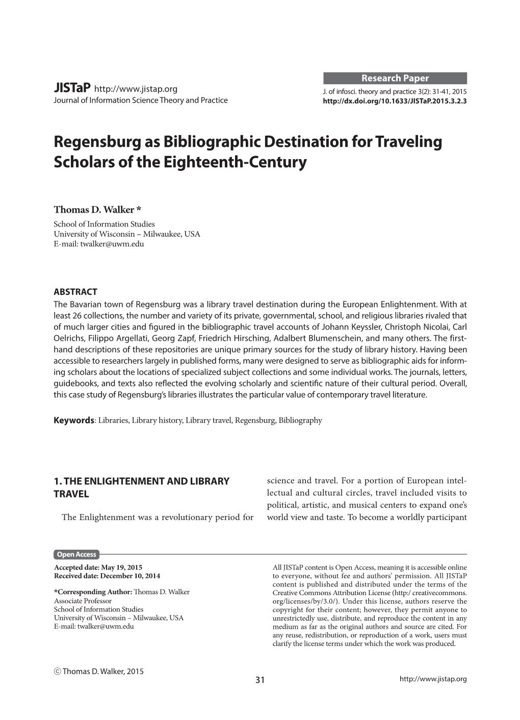 Regensburg As Bibliographic Destination for Traveling Scholars of the Eighteenth-Century