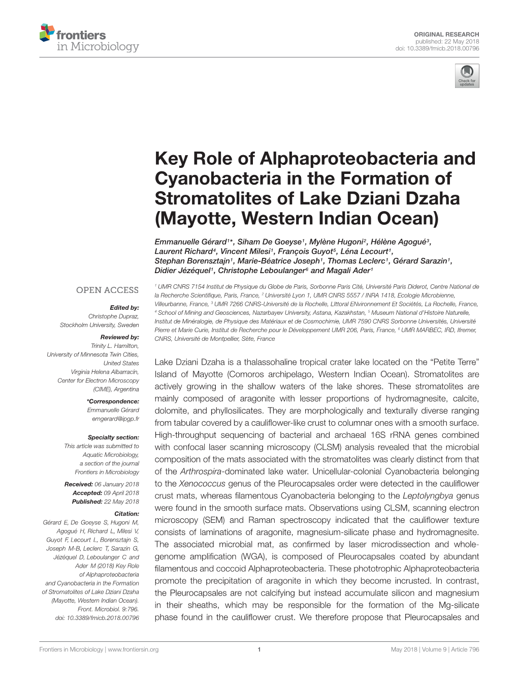 Key Role of Alphaproteobacteria and Cyanobacteria in the Formation of Stromatolites of Lake Dziani Dzaha (Mayotte, Western Indian Ocean)