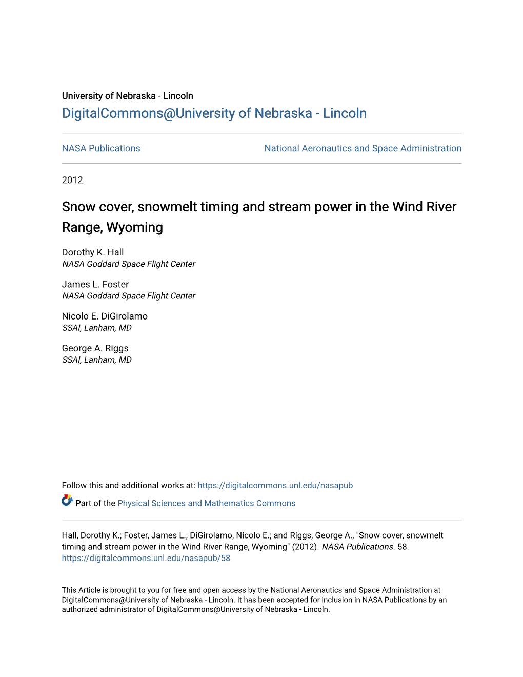 Snow Cover, Snowmelt Timing and Stream Power in the Wind River Range, Wyoming