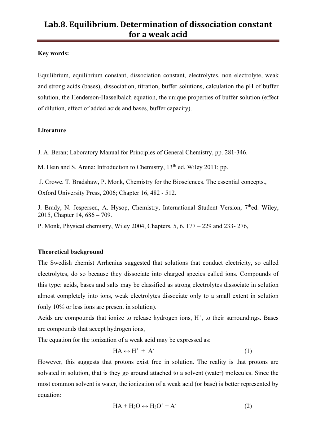 Lab.10. Equilibrium. Determination of Dissociation Constant for a Weak Acid