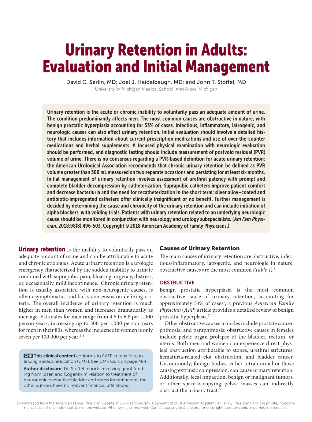 Urinary Retention in Adults:​ Evaluation and Initial Management David C
