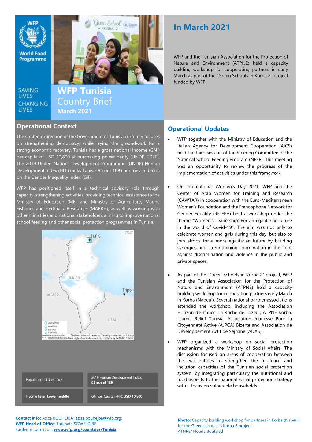 WFP Tunisia Country Brief March 2021