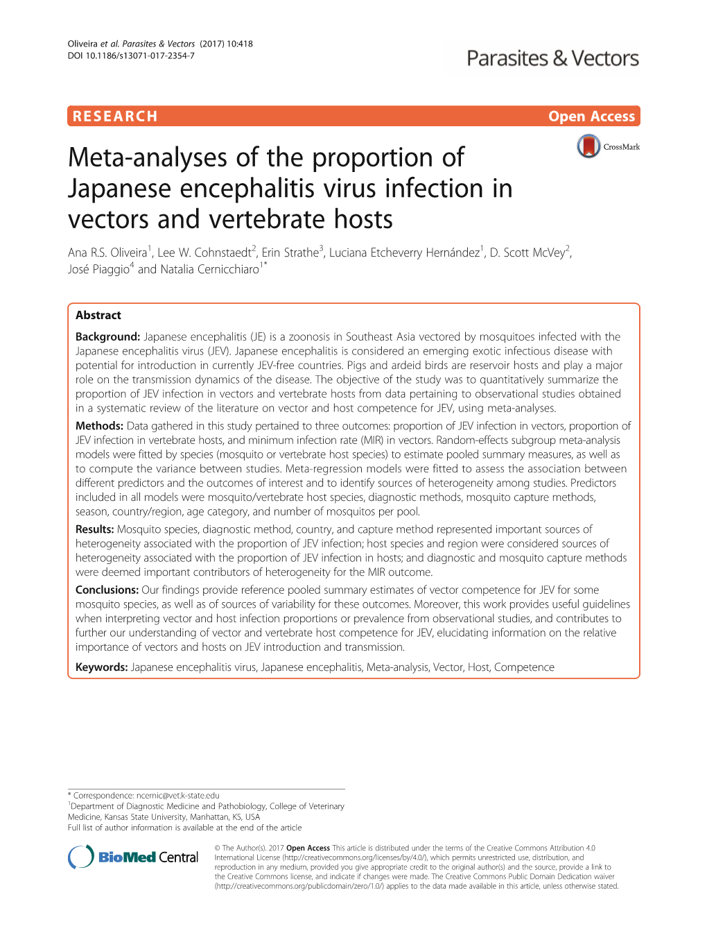 Meta-Analyses of the Proportion of Japanese Encephalitis Virus Infection in Vectors and Vertebrate Hosts Ana R.S