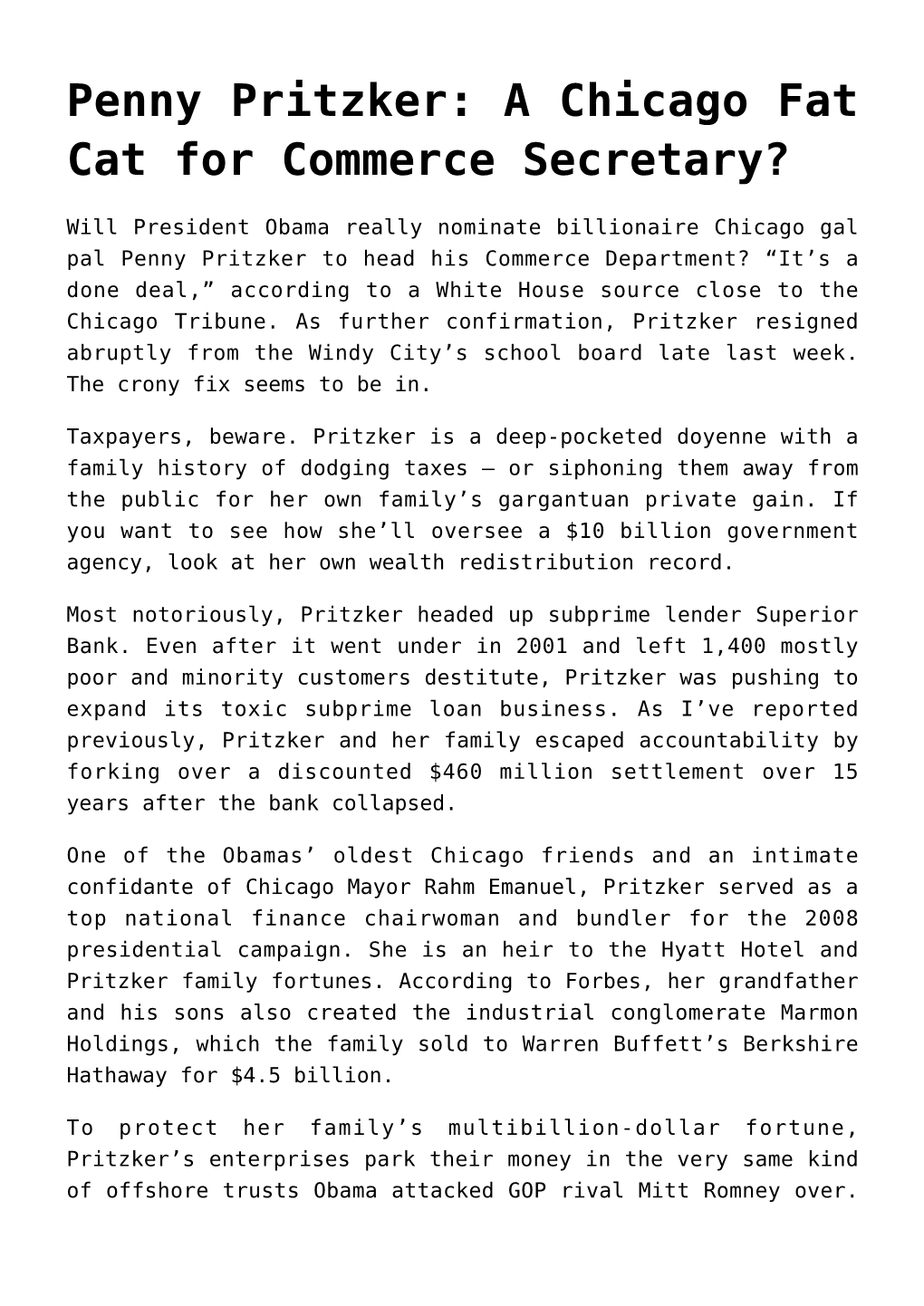 Penny Pritzker: a Chicago Fat Cat for Commerce Secretary?