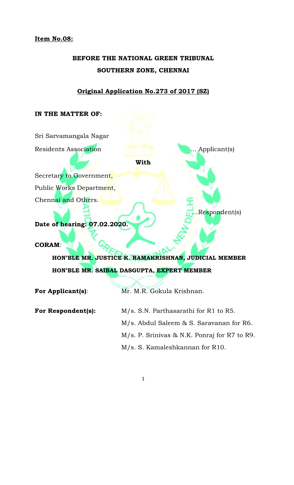 Before the National Green Tribunal Southern Zone, Chennai