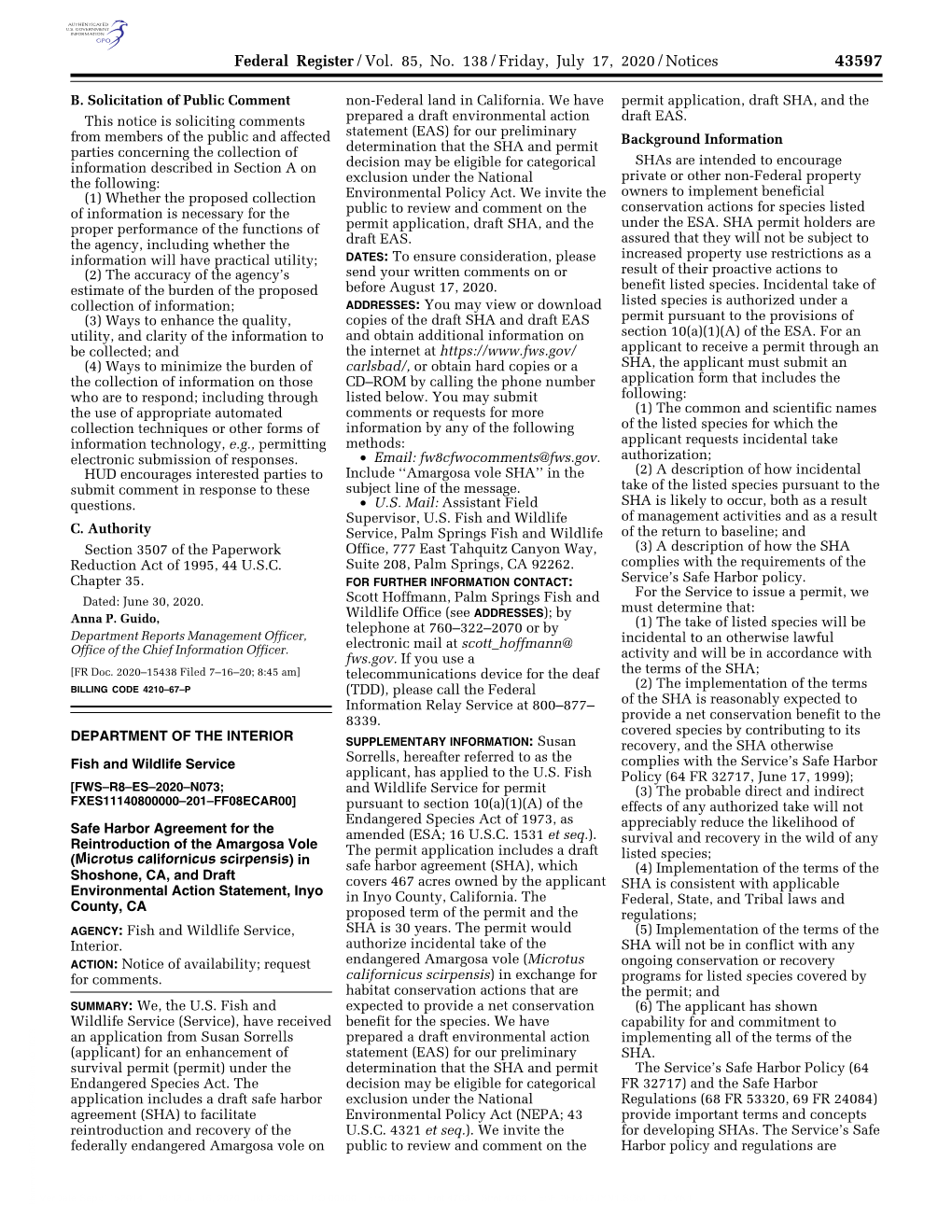 Federal Register/Vol. 85, No. 138/Friday, July 17, 2020/Notices