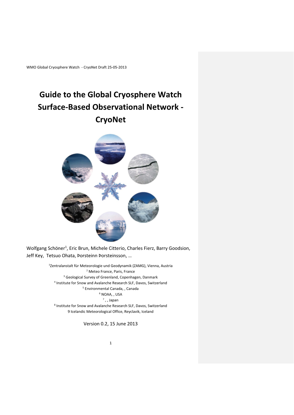 Guide to the Global Cryosphere Watch Surface-Based Observational Network - Cryonet